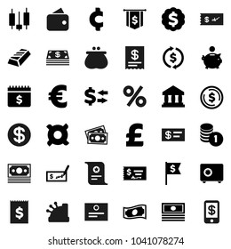 Flat vector icon set - certificate vector, bank, exchange, dollar coin, gold ingot, japanese candle, cash, piggy, stack, check, medal, flag, safe, calendar, any currency, euro sign, pound, cent