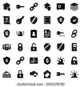 Flat vector icon set - certificate vector, personal information, dollar shield, safe, protected, link, cloud, big data, server, firewall, chain, lock, key, siren, unlock, smart home, protect