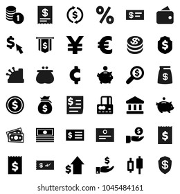 Flat vector icon set - certificate vector, bank, exchange, dollar coin, japanese candle, credit card, cash, money bag, piggy, investment, growth, stack, receipt, search, flag, shield, cursor, yen