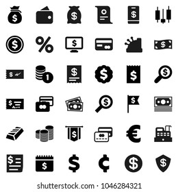 Flat vector icon set - certificate vector, dollar coin, gold ingot, japanese candle, credit card, money bag, stack, check, receipt, search, medal, flag, calendar, monitor, euro sign, cent, wallet