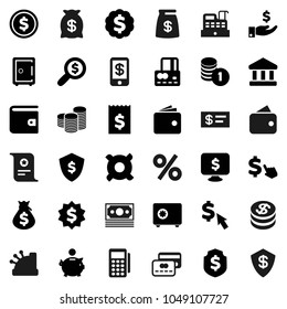 Flat vector icon set - certificate vector, bank, dollar coin, credit card, wallet, money bag, piggy, investment, stack, receipt, search, medal, shield, safe, monitor, cursor, any currency, percent