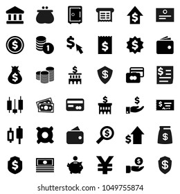 Flat vector icon set - certificate vector, bank, dollar coin, japanese candle, credit card, wallet, cash, money bag, piggy, investment, growth, stack, check, building, receipt, search, medal, shield