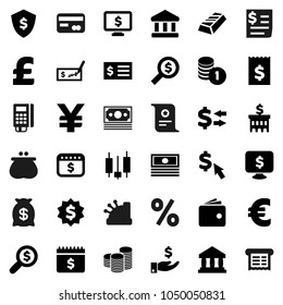 Flat vector icon set - certificate vector, bank, exchange, gold ingot, japanese candle, wallet, cash, investment, coin stack, check, building, receipt, money search, dollar medal, shield, calendar