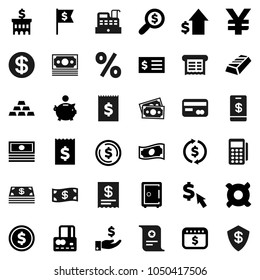 Flat vector icon set - certificate vector, exchange, dollar coin, gold ingot, credit card, cash, piggy bank, investment, growth, building, receipt, money search, flag, safe, calendar, cursor, reader