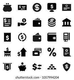 Flat vector icon set - certificate vector, bank, exchange, credit card, wallet, piggy, investment, dollar growth, check, building, receipt, flag, monitor, gold ingot, coin, percent, reader, shield