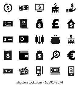 Flat vector icon set - certificate vector, exchange, japanese candle, wallet, money bag, investment, dollar growth, check, bank building, receipt, search, safe, monitor, euro sign, pound, cash