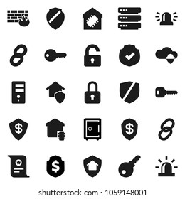 Flat vector icon set - certificate vector, dollar shield, safe, protected, link, cloud, big data, server, firewall, chain, key, siren, unlock, smart home, protect, lock, password