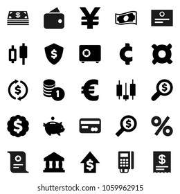 Flat vector icon set - certificate vector, bank, exchange, japanese candle, cash, piggy, dollar growth, coin stack, money search, medal, shield, safe, any currency, euro sign, yen, cent, credit card