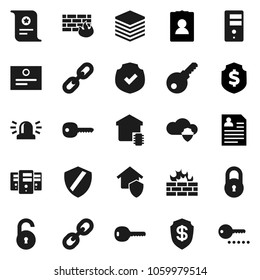 Flat vector icon set - certificate vector, personal information, dollar shield, protected, link, cloud, big data, server, firewall, chain, lock, unlock, key, siren, smart home, protect, password