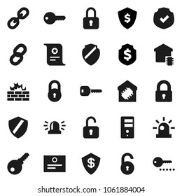 Flat vector icon set - certificate vector, dollar shield, protected, link, server, firewall, chain, lock, unlock, key, siren, smart home, password