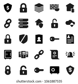 Flat vector icon set - certificate vector, personal information, dollar shield, safe, protected, cloud, big data, server, firewall, chain, lock, key, siren, unlock, smart home, protect