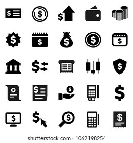 Flat vector icon set - certificate vector, bank, exchange, dollar coin, japanese candle, money bag, investment, growth, stack, receipt, search, medal, shield, calendar, monitor, cursor, sign, wallet