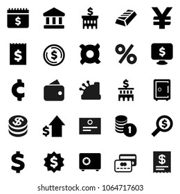 Flat vector icon set - certificate vector, bank, dollar coin, gold ingot, growth, stack, building, receipt, money search, medal, safe, calendar, monitor, any currency, yen sign, cent, credit card
