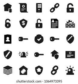 Flat vector icon set - certificate vector, personal information, protected, big data, server, shield, firewall, chain, unlock, key, siren, smart home, protect, dollar