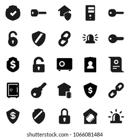 Flat vector icon set - certificate vector, personal information, dollar shield, safe, protected, server, chain, unlock, key, siren, smart home, protect, lock, password
