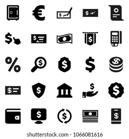 Flat vector icon set - certificate vector, bank, exchange, wallet, cash, investment, check, money search, dollar medal, flag, shield, safe, monitor, cursor, euro sign, coin, percent, card reader