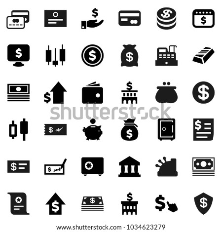 Flat vector icon set - certificate vector, bank, dollar coin, gold ingot, japanese candle, wallet, cash, money bag, piggy, investment, growth, check, building, safe, calendar, monitor, cursor