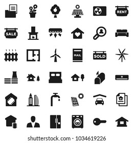 Flat vector icon set - chalet vector, mailbox, solar panel, windmill, water supply, fruit tree, garage, plan, estate document, sale signboard, rent, sold, office building, client search, consumer