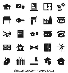 Flat vector icon set - chalet vector, mailbox, solar panel, windmill, water supply, barn, plan, rent signboard, sold, key, table, relocation truck, love home, heating, ari condition, fridge, phone