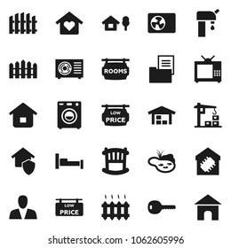 Flat vector icon set - chalet vector, pond, water supply, barn, fence, estate document, rooms signboard, low price, consumer, key, crib, washer, love home, heating, ari condition, tv, smart, protect