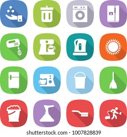 flat vector icon set - chemical industry vector, bin, washing machine, fridge, mixer, coffee maker, kettle, gas oven, bucket, broom, foam, plunger, brush, vacuum cleaner