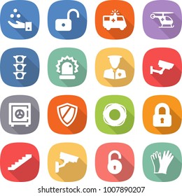 flat vector icon set - chemical industry vector, unlock, ambulance car, helicopter, traffic light, alarm, security man, surveillance, safe, shield, lifebuoy, locked, stairs, camera, gloves