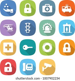 flat vector icon set - chemical industry vector, lock, doctor case, ambulance car, helicopter, traffic light, alarm, detector, first aid, key, lifebuoy, locked, unlocked, intercome