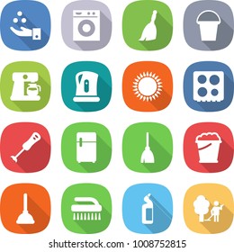 flat vector icon set - chemical industry vector, washing machine, broom, bucket, coffee maker, kettle, gas oven, hob, blender, fridge, foam, plunger, brush, toilet cleanser, garden cleaning
