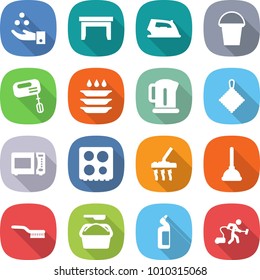 flat vector icon set - chemical industry vector, table, iron, bucket, mixer, plate washing, kettle, rag, microwave oven, hob, vacuum cleaner, plunger, brush, powder, toilet cleanser