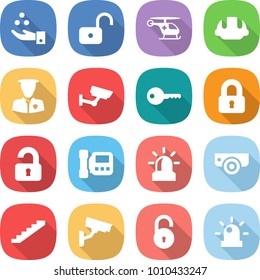 flat vector icon set - chemical industry vector, unlock, ambulance helicopter, building helmet, security man, surveillance, key, locked, unlocked, intercome, alarm, camera, stairs, siren