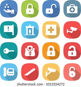 flat vector icon set - chemical industry vector, lock, unlock, doctor case, important flag, detector, first aid, surveillance, key, life vest, locked, unlocked, intercome, stairs, camera