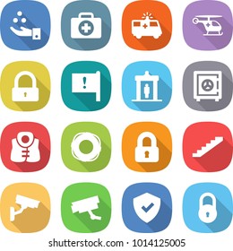 flat vector icon set - chemical industry vector, doctor case, ambulance car, helicopter, lock, important flag, detector, safe, life vest, lifebuoy, locked, stairs, surveillance camera, shield