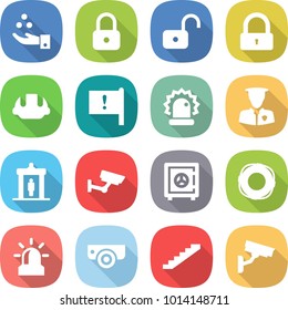 flat vector icon set - chemical industry vector, lock, unlock, building helmet, important flag, alarm, security man, detector, surveillance, safe, lifebuoy, camera, stairs