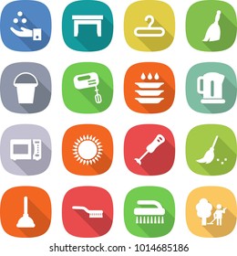 flat vector icon set - chemical industry vector, table, hanger, broom, bucket, mixer, plate washing, kettle, microwave oven, gas, blender, plunger, brush, garden cleaning