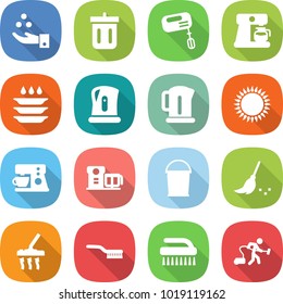 flat vector icon set - chemical industry vector, bin, mixer, coffee maker, plate washing, kettle, gas oven, food processor, bucket, broom, vacuum cleaner, brush