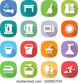 flat vector icon set - chemical industry vector, table, broom, coffee maker, kettle, microwave oven, gas, bucket, foam, vacuum cleaner, plunger, brush, washing powder, garden cleaning