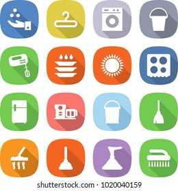 flat vector icon set - chemical industry vector, hanger, washing machine, bucket, mixer, plate, gas oven, hob, fridge, food processor, broom, vacuum cleaner, plunger, brush