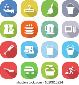 flat vector icon set - chemical industry vector, hanger, broom, bucket, coffee maker, plate washing, kettle, microwave oven, blender, brush, powder, vacuum cleaner