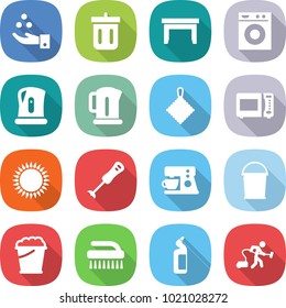 flat vector icon set - chemical industry vector, bin, table, washing machine, kettle, rag, microwave oven, gas, blender, coffee maker, bucket, foam, brush, toilet cleanser, vacuum cleaner