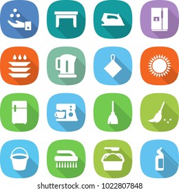 flat vector icon set - chemical industry vector, table, iron, fridge, plate washing, kettle, rag, gas oven, coffee maker, broom, bucket, brush, powder, toilet cleanser
