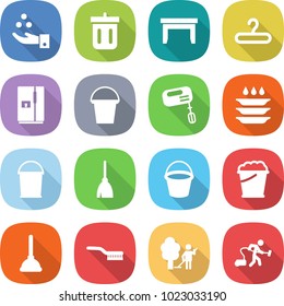 flat vector icon set - chemical industry vector, bin, table, hanger, fridge, bucket, mixer, plate washing, broom, foam, plunger, brush, garden cleaning, vacuum cleaner