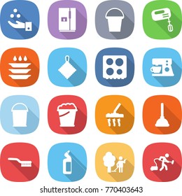 flat vector icon set - chemical industry vector, fridge, bucket, mixer, plate washing, rag, hob, coffee maker, foam, vacuum cleaner, plunger, brush, toilet cleanser, garden cleaning