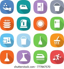 flat vector icon set - chemical industry vector, iron, fridge, bucket, plate washing, kettle, gas oven, coffee maker, broom, vacuum cleaner, plunger, brush