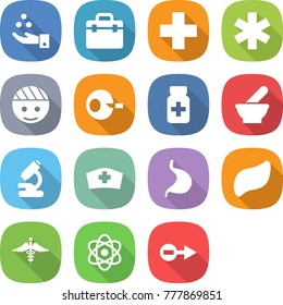 flat vector icon set - chemical industry vector, doctor bag, medical cross, ambulance star, bandaged head, artificial insemination, pills bottle, mortar, microscope, hat, stomach, liver, sign, atom