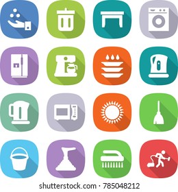 flat vector icon set - chemical industry vector, bin, table, washing machine, fridge, coffee maker, plate, kettle, microwave oven, gas, broom, bucket, plunger, brush, vacuum cleaner