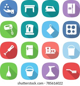 flat vector icon set - chemical industry vector, table, iron, fridge, mixer, kettle, rag, hob, blender, food processor, bucket, broom, plunger, brush