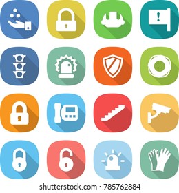 flat vector icon set - chemical industry vector, lock, building helmet, important flag, traffic light, alarm, shield, lifebuoy, locked, intercome, stairs, surveillance camera, unlock, siren, gloves