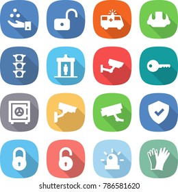 flat vector icon set - chemical industry vector, unlock, ambulance car, building helmet, traffic light, detector, surveillance, key, safe, camera, shield, lock, siren, gloves