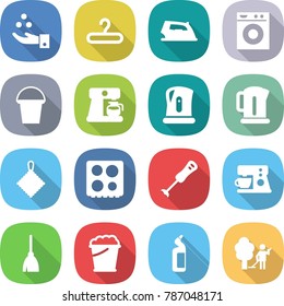 flat vector icon set - chemical industry vector, hanger, iron, washing machine, bucket, coffee maker, kettle, rag, hob, blender, broom, foam, toilet cleanser, garden cleaning