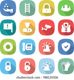 flat vector icon set - chemical industry vector, ladder, lock, building helmet, important flag, security man, surveillance, life vest, lifebuoy, intercome, alarm, shield, unlock, siren, gloves
